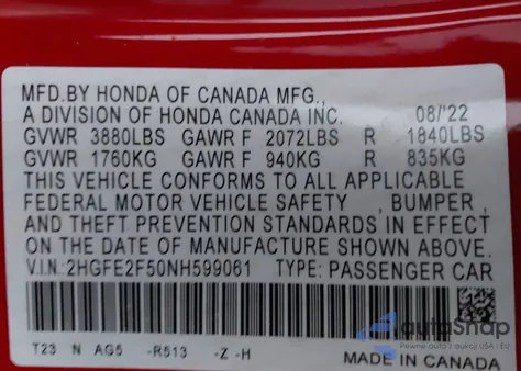 2022 Honda Civic Sport z USA, uszkodzony, nr VIN 2HGFE2F50NH599061